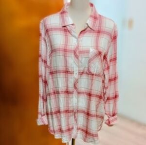 Well Worn Pink and White Plaid Button-Up Flannel Shirt